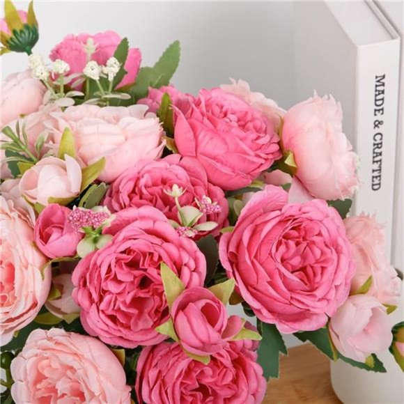 Artificial Peonies Silk Flowers, Pink Faux Peony Bouquet 4 Bundles Florals - Picture 5 of 6